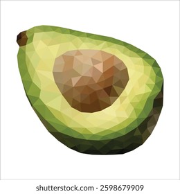 Low poly illustration of a fresh avocado half with seed, isolated on white background. Suitable for posters, advertisements, and web design elements.