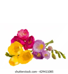 Low poly illustration fresh freesias bouquet isolated on white background