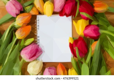 Low poly illustration fresh spring tulips laying on wooden table