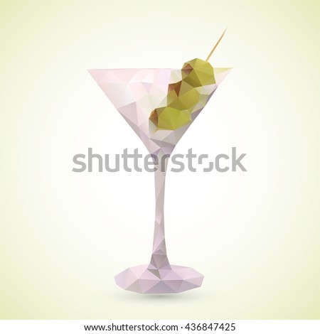 Low poly illustration of a glass of Martini olive cocktail drink. made with vector triangles