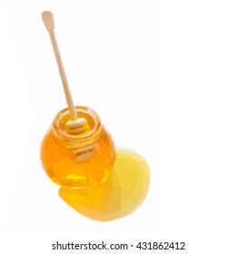 Low poly illustration glass pot full of honey and stick isolated on white background