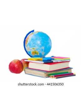 Low poly illustration globe and books with school supply on white background