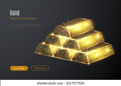 Low poly illustration of the gold bars with a golden dust effect. Sparkle stardust. Glittering vector with gold particles on dark background. Polygonal wireframe from dots and lines.