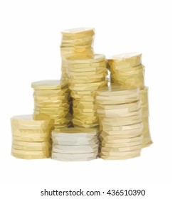 Low poly illustration golden coins in stacks