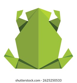 Low poly illustration of a green origami frog sitting showing its back