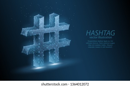 Low poly illustration of a hashtag sign, on dark background.