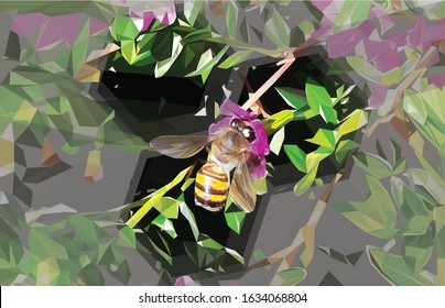 Low poly illustration of a honey bee inside of honeycomb with a background