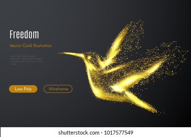 Low poly illustration of the hummingbird with a golden dust effect. Sparkle stardust. Glittering vector with gold particles on dark background. Polygonal wireframe of colibri from dots and lines.