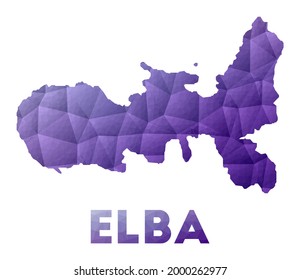 Mapa de Elba. Baja ilustración policial de la isla. Diseño geométrico púrpura. Ilustración vectorial poligonal.