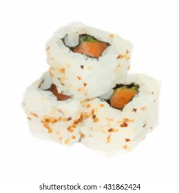 Low poly illustration Japanese sushi roll dish served isolated on white background