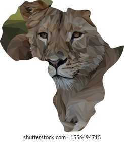 Low poly illustration of a lioness inside of Africa