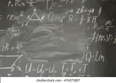 Low poly illustration math formulas written in white chalk and copy space on black board