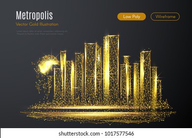 Low poly illustration of the metropolis with a golden dust effect. Sparkle stardust. Glittering vector with gold particles on dark background. Polygonal wireframe of city from dots and lines.