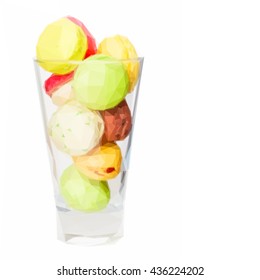 Low poly illustration multicolored french macaroons in glass