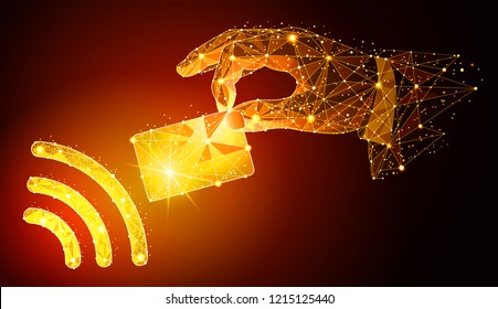 Low poly illustration of the NFC technology. payments concept. a golden dust effect. Polygonal wireframe from dots and lines.