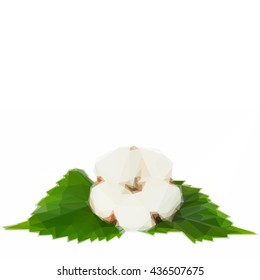 Low poly illustration One cotton plant bud with green leaves