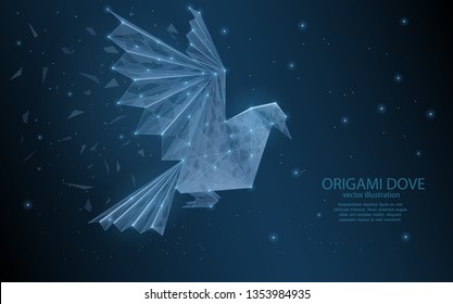 Low poly illustration of origami dove flying on dark background