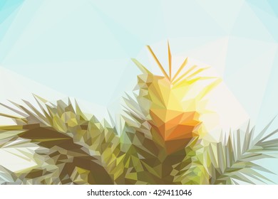 Low poly illustration palm tree leaves in blue sky with sunshine, retro toned