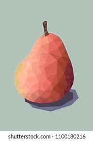 Low poly illustration of a pear modeled with orange, pink, yellow and maroon triangle shapes, isolated on a mint green background. Trendy colors and popular geometric style. Vector EPS 10.