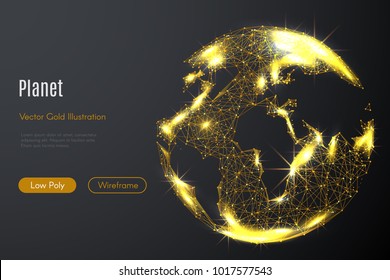 Low poly illustration of the Planet of Earth with a golden dust effect. Sparkle stardust. Glittering vector with gold particles on dark background. Polygonal wireframe from dots and lines.