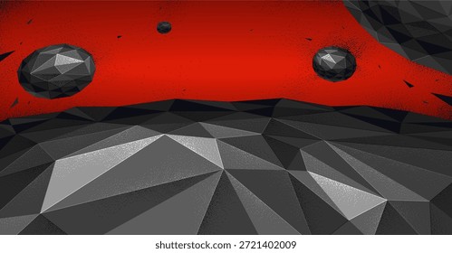 Ilustração de baixo poli de um terreno de planeta com satélites voando no espaço, vetor arte de papel de parede de astronomia sci-fi, fundo de ficção científica.