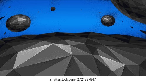 Ilustración de baja poli de un terreno planetario con satélites volando en el espacio, arte de Fondo de pantalla de Vector de astronomía de ciencia ficción, fondo de ciencia ficción.