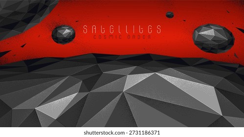 Ilustración de baja poli de un terreno planetario con satélites volando en el espacio, arte de Fondo de pantalla de Vector de astronomía de ciencia ficción, fondo de ciencia ficción