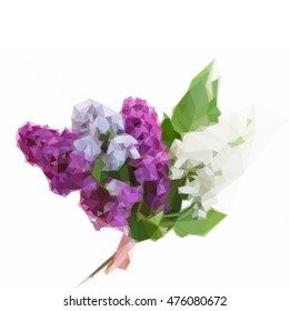 Low poly illustration Posy of fresh lilac flowers with green leaves