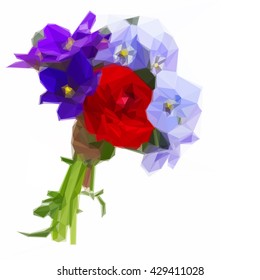 Low poly illustration Posy of violets, pansies and ranunculus isolated on white background