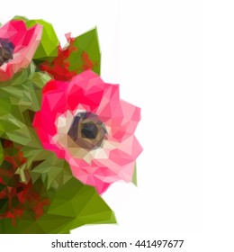 Low poly illustration red anemone with green leaves