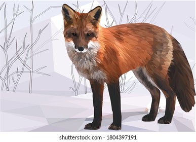 Low poly illustration of a red fox in snow with tree outlines