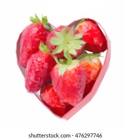 Low poly illustration red strawberry in heart shape