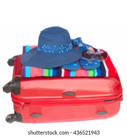 Low poly illustration red suitcase with blue hat and beach towel