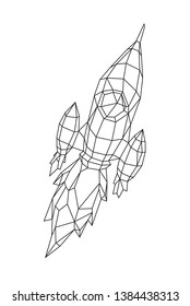 Low poly illustration of a rocket or space ship. Vector. Outline drawing. Retro style. Background, symbol, emblem for the interior. Business metaphor.