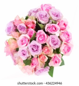 Low poly illustration round bouquet of pink and violet fresh roses closeup