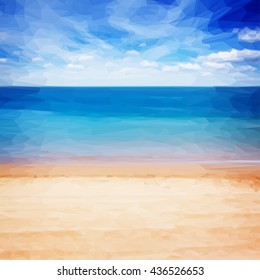 Low poly illustration sandy beach shore with blue sea waters and cloudy sky, instagram retro toned