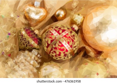 Low poly illustration set of golden christmas balls decoration on soft silk background with sparkles
