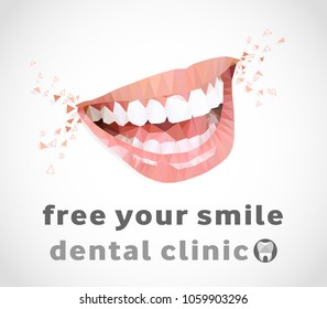 Low Poly Illustration Of A Smile, With The Slogan Free Your Smile For Dental Clinic. Vector