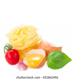 Low poly illustration Tagliatelle raw pasta with egg yolk and tomato