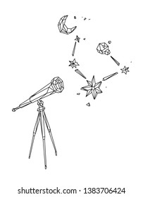 Low poly illustration of a telescope against a starry sky and the moon. Vector. Outline drawing. Retro style. Background, symbol, emblem for the interior. Business metaphor.