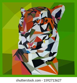 Low poly illustration of a tiger on a green background, close up triangulation, vector