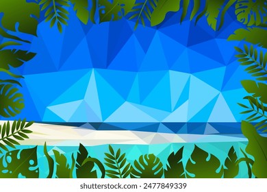 Low poly illustration tropical palm trees and sunshine on dawn background