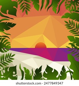 Low poly illustration tropical palm trees and sunshine on dawn background