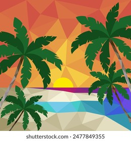 Low poly illustration tropical palm trees and sunshine on dawn background