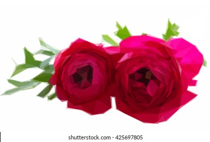 Low poly illustration two pink ranunculus flowers with leaf