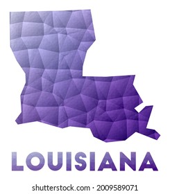 Low poly illustration of the US state of Louisiana. Purple geometric design. Polygonal vector illustration.
