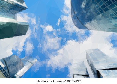 Low poly illustration view of modern skyscrapers of steel and glass