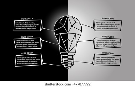 Low poly infographics with lamp and space for text. Abstract polygonal mesh style light bulb with the division on a black and white background. Template for presentations, cover, booklet, website.