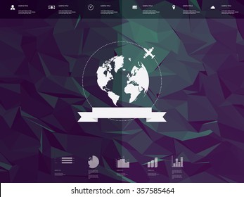 Low poly infographics template user interface with globe badge and ribbon element. Low-poly background. Travel infographic icons for websites or presentations. Eps10 vector illustration.