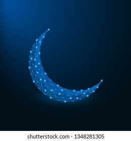 Low poly islamic crescent for Ramadan Kareem. Polygonal wireframe mesh at blue background. Vector illustration.